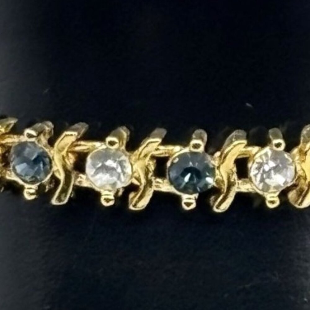 Vintage Gold Tone Metal and Faux Sapphire Faux Diamond Tennis Style Bracelet 80s - Picture 4 of 13